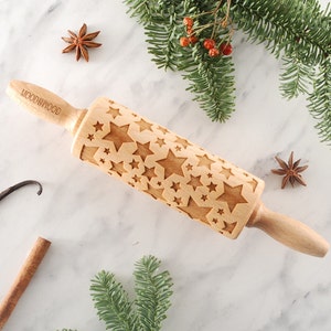 STARS MINI embossing rolling pin for cookies, laser engraved, solid wood, perfect Christmas gift, Mothers Day gift, sky, heaven, Christmas image 1