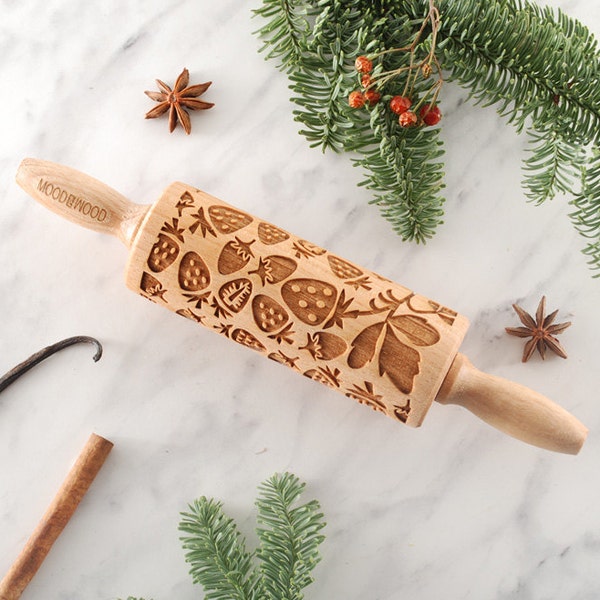 STRAWBERRY FIELD - MINI embossing rolling pin for cookies, laser engraved, solid wood, perfect Christmas , Mother’s Day gift, fruit, summer