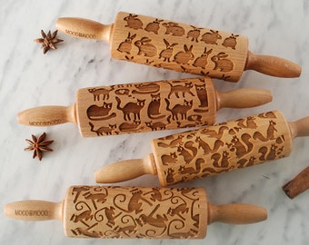 FUNNY ANIMALS - set of 4 MINI embossed, engraved rolling pin for cookies - perfect gift idea