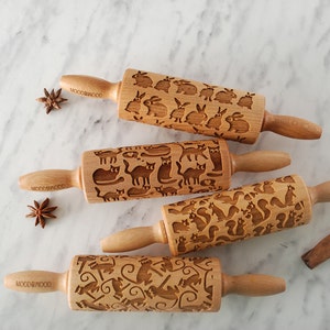 FUNNY ANIMALS - set of 4 MINI embossed, engraved rolling pin for cookies - perfect gift idea