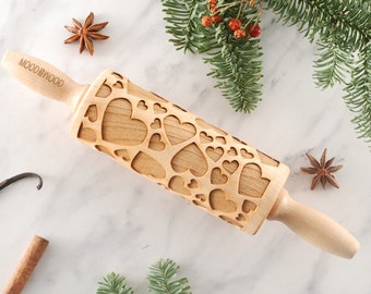 HEARTS - MINI embossing rolling pin for cookies, embossed biscuits, wooden Christmas present, Mother’s Day gift, laser engraved, Valentine