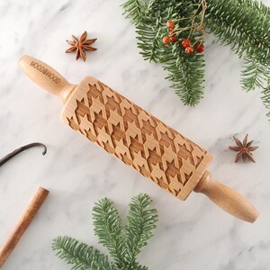 Houndstooth Embossing Rolling Pin: Solid Wood Cookie Stamp