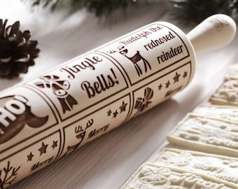 Rodillo de cocina navideño: rodillo para galletas de madera de haya grabado.