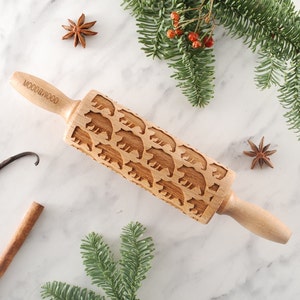 POLAR BEARS MINI embossing rolling pin for cookies, laser engraved, solid wood, perfect Christmas gift, Mothers Day gift, arctic, pole image 1