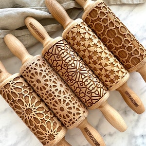 MOSAIC PATTERNS set of 5 MINI embossed, engraved rolling pin for cookies perfect gift idea, Mother's Day gift idea image 1