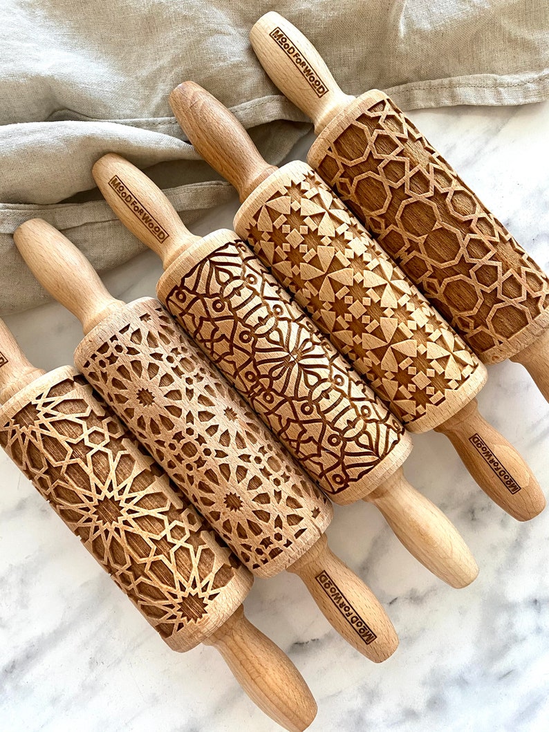 MOSAIC PATTERNS set of 5 MINI embossed, engraved rolling pin for cookies perfect gift idea, Mother's Day gift idea image 1