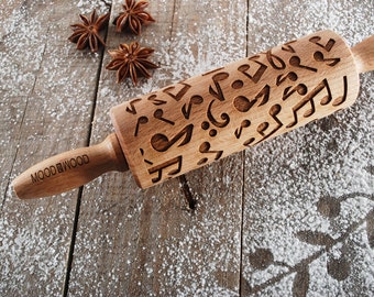 Music Notes Rolling Pin for Baking Cookies • Wooden Engraved Mini Rolling Pin • Gift for Christmas and Mother’s Day • Kitchen or Home Decor