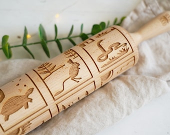 AUSTRALIAN ANIMALS THEME – embossing rolling pin for cookies, laser engraved, solid wood, Christmas gift, Mother’s Day present, koala, emu