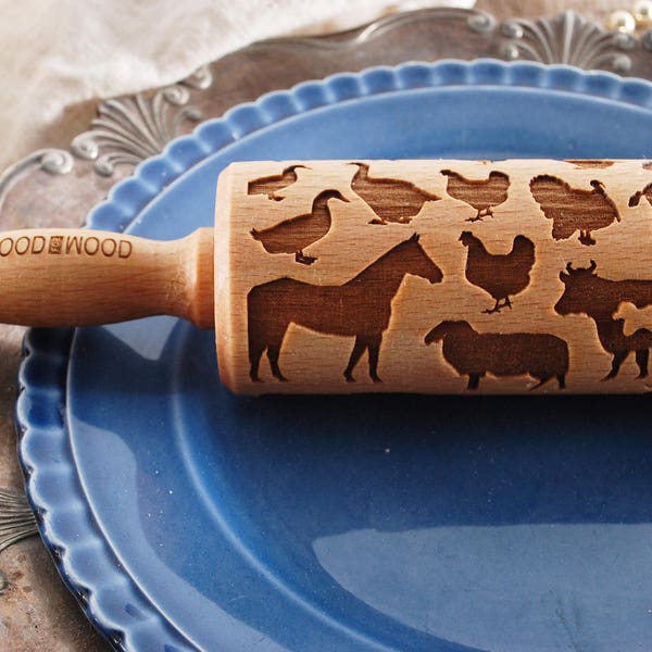 FARM ANIMALS - MINI embossed, engraved rolling pin for cookies - perfect gift idea