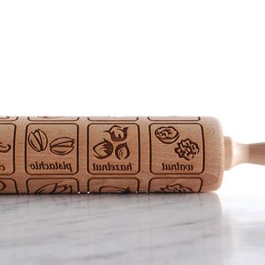 Engraved Pistachio Nut Rolling Pin: Handmade Beech Wood Cookie Stamp