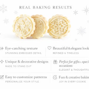 Three embossed holiday cookies arranged on a bright white background under the heading “Real Baking Results.” Below, elegant typography presents key features such as eye-catching texture, refined timeless design, and customizable patterns. The cookies display detailed motifs like holly and snowflakes, with soft shadows and a luxurious minimalist layout that emphasizes craftsmanship, clarity of embossing, and premium product presentation.