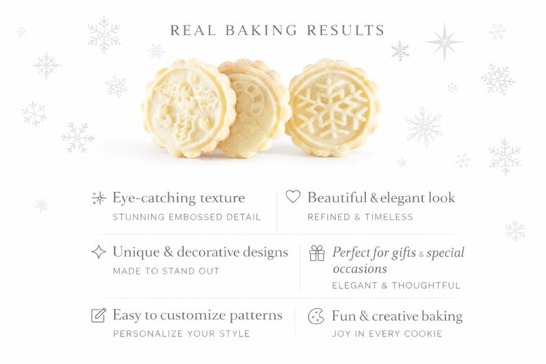 Three embossed holiday cookies arranged on a bright white background under the heading “Real Baking Results.” Below, elegant typography presents key features such as eye-catching texture, refined timeless design, and customizable patterns. The cookies display detailed motifs like holly and snowflakes, with soft shadows and a luxurious minimalist layout that emphasizes craftsmanship, clarity of embossing, and premium product presentation.
