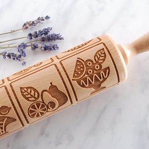 Engraved Fruit Basket Rolling Pin: Handmade Beech Wood Cookie Stamp
