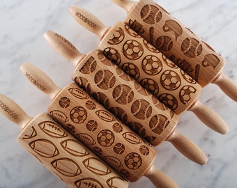 SPORT FAN - set of 5 MINI embossing rolling pin for cookies, laser engraved, solid wood, perfect Christmas gift, Mother’s Day gift, football