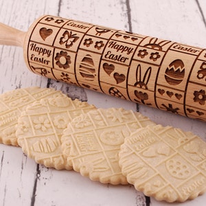 Happy Easter engraved wooden rolling pin handmade – Easter cookies, family baking, bunny and egg pattern festive gift