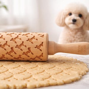 Poodle Engraved Rolling Pin: Beech Wood Embossed Cookie Roller