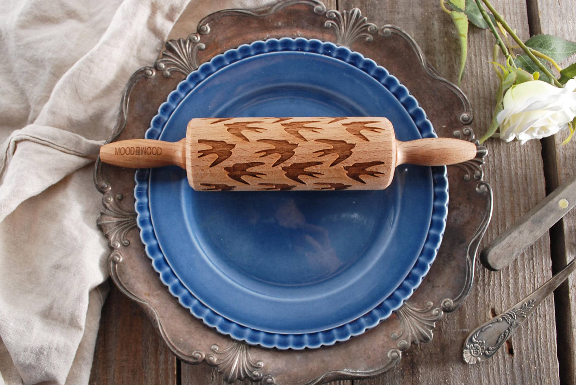 Swallow - Mini Rouleau à Pâtisserie en Gaufrage Pour Biscuits, Laser Gravé, Bois Massif, Cadeau Parf