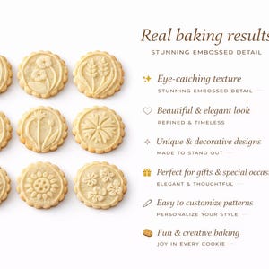 Minimalist product composition featuring nine embossed botanical cookies arranged in a neat grid on a bright white background. On the right, elegant serif headline reads “Real baking results,” followed by a refined benefits list with icons, highlighting texture, timeless design, uniqueness, gifting appeal, customization, and creative baking. Soft shadows, warm tones, and luxury-style typography create a premium, high-end visual feel.