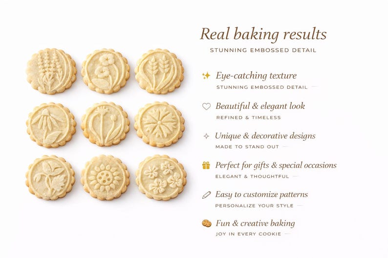 Minimalist product composition featuring nine embossed botanical cookies arranged in a neat grid on a bright white background. On the right, elegant serif headline reads “Real baking results,” followed by a refined benefits list with icons, highlighting texture, timeless design, uniqueness, gifting appeal, customization, and creative baking. Soft shadows, warm tones, and luxury-style typography create a premium, high-end visual feel.