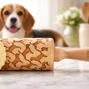 Beagle Nudelholz in voller Größe mit Prägemuster - treues Hundeliebe-Andenken für Beagle-Mama und Beagle-Papa, Teig auf Kekse prägen