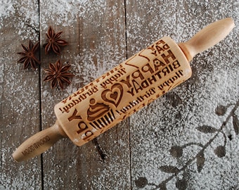 HAPPY BIRTHDAY - MINI embossing rolling pin for cookies, embossed biscuits, wooden Christmas present, Mother’s Day gift, laser engraved