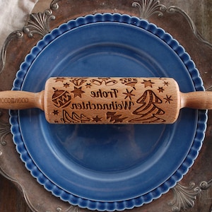 Frohe Weihnachten Embossed Rolling Pin – Christmas Cookie Roller, German Holiday Baking Tool
