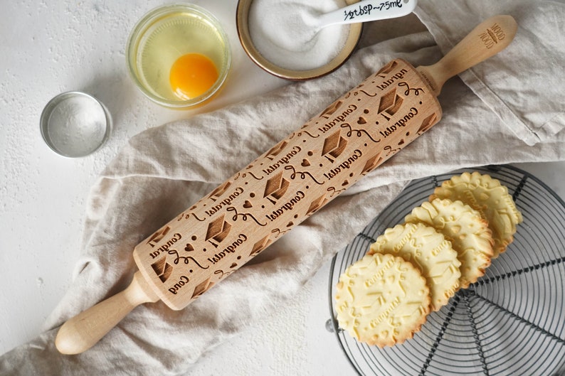 Handmade beechwood rolling pin – embossed cookies for school celebrations