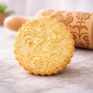 Rooster Design Embossed Rolling Pin: Wooden Cookie Biscuit Mold, Deep laser engraved