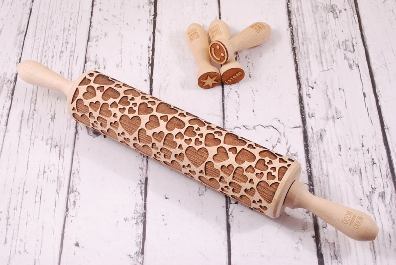 HEARTS embossing rolling pin for cookies, embossed biscuits, wooden Christmas present, Mothers Day gift, laser engraved VALENTINE'S Day image 3