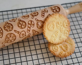 CHRISTMAS BAUBLES – embossing rolling pin for cookies, laser engraved, solid wood, Christmas gift, Mother’s Day present, baubles