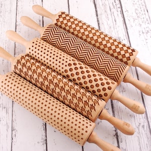 Set of 5 Embossed Rolling Pins: Solid Wood Cookie Biscuit Stamps