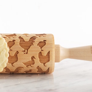 Poultry Embossing Rolling Pin: Laser Engraved Beech Wood, Cookie Decor