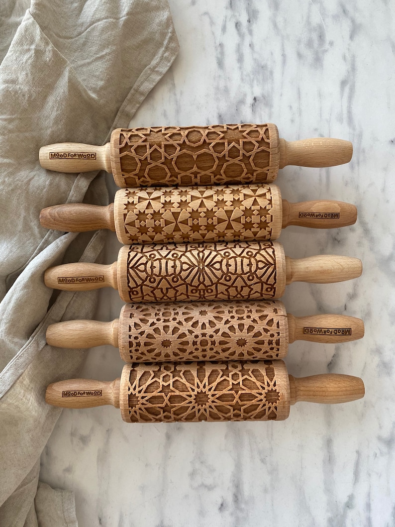 MOSAIC PATTERNS set of 5 MINI embossed, engraved rolling pin for cookies perfect gift idea, Mother's Day gift idea image 3