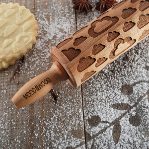 CLOUDS MINI embossing rolling pin for cookies, embossed biscuits, Christmas, Mothers Day, laser engraved, solid wood image 3