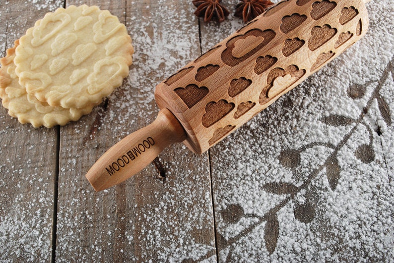 CLOUDS MINI embossing rolling pin for cookies, embossed biscuits, Christmas, Mothers Day, laser engraved, solid wood image 3