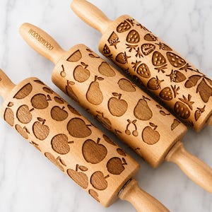 Lot de 3 rouleaux à pâtisserie en relief, motifs biscuits aux fruits, motifs pommes poires fraises, accessoires de pâtisserie, cadeau pour boulangers
