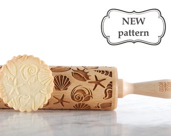 Seashell Embossing Rolling Pin: Laser Engraved Beech Wood
