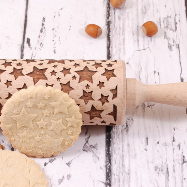 STARS - embossing rolling pin for cookies, laser engraved, solid wood, perfect Christmas gift, Mother’s Day gift, sky, heaven, Christmas