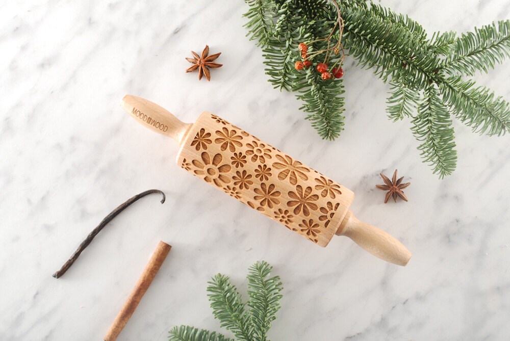 Flower Power - Mini Rouleau à Pâtisserie en Gaufrage Pour Biscuits, Biscuits Relief, Cadeau de Noel 