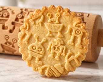 Robot Embossed Rolling Pin for Cookies, Space Theme Cookie Roller, Engraved Wooden Rolling Pin, Baking Gift for Kids, Sci-Fi Cookie Pattern