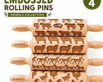 Farm Animals Embossing Rolling Pins Set of 4, Engraved Beechwood Rolling Pins, Cookie Stamp, Baking Gift, Cookie Roller