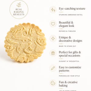 Elegant product showcase featuring a single embossed cookie on a soft, light background, highlighting detailed animal patterns created with a decorative rolling pin. A “Real Baking Results” badge appears above, reinforcing authenticity. On the right, a clean, luxury-style layout presents key benefits with icons and refined typography, including eye-catching texture, timeless elegance, unique designs, gift suitability, customization, and creative baking appeal.