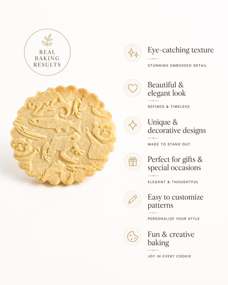 Elegant product showcase featuring a single embossed cookie on a soft, light background, highlighting detailed animal patterns created with a decorative rolling pin. A “Real Baking Results” badge appears above, reinforcing authenticity. On the right, a clean, luxury-style layout presents key benefits with icons and refined typography, including eye-catching texture, timeless elegance, unique designs, gift suitability, customization, and creative baking appeal.