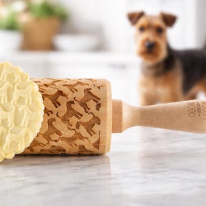 Airedale Terrier Engraved Rolling Pin: Handmade Beech Cookie Embosser