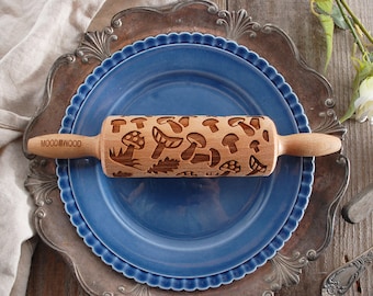 MUSHROOMS - MINI embossed, engraved rolling pin for cookies - perfect gift idea