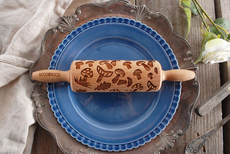 MUSHROOMS MINI embossed, engraved rolling pin for cookies perfect gift idea image 1