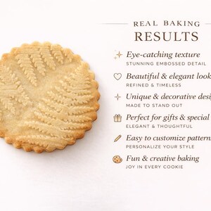 Round butter cookie embossed with a detailed fern pattern, placed on a soft beige background. The cookie has golden edges and a delicate, textured surface highlighting the engraved design. On the right side, elegant text reads “Real Baking Results” followed by a list of benefits: eye-catching texture, beautiful and elegant look, unique decorative designs, perfect for gifts, easy to customize patterns, and fun, creative baking. The layout is clean, minimal, and styled premium, modern aesthetic.