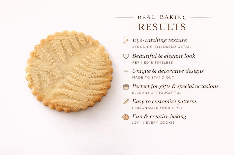 Round butter cookie embossed with a detailed fern pattern, placed on a soft beige background. The cookie has golden edges and a delicate, textured surface highlighting the engraved design. On the right side, elegant text reads “Real Baking Results” followed by a list of benefits: eye-catching texture, beautiful and elegant look, unique decorative designs, perfect for gifts, easy to customize patterns, and fun, creative baking. The layout is clean, minimal, and styled premium, modern aesthetic.