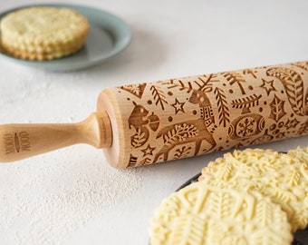 SCANDI CHRISTMAS - engraved rolling pin for cookies - perfect gift idea, floral, organic, natural, Christmas gift idea, Mother&#39;s Day