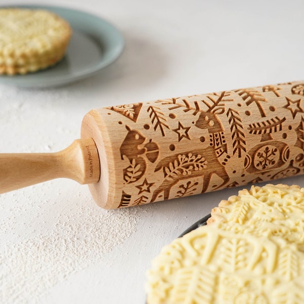 SCANDI CHRISTMAS - engraved rolling pin for cookies - perfect gift idea, floral, organic, natural, Christmas gift idea, Mother's Day